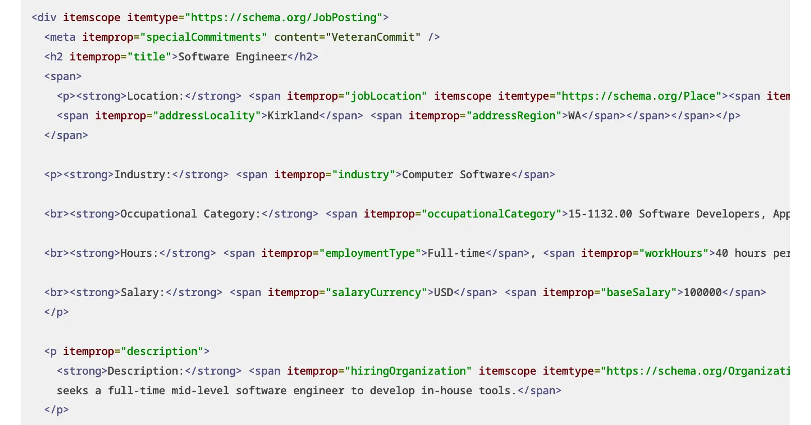 Screenshot showing schema markup example for JobPosting. Features blue, red, and green text on a gray background. For illustrative purposes only.