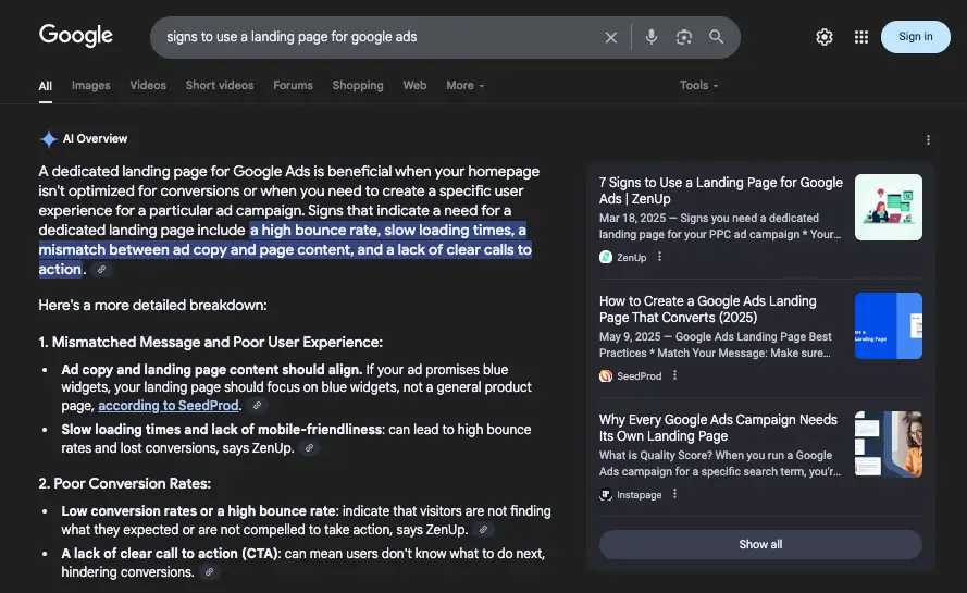 Screenshot of Google results with an AI overview including ZenUp's advice